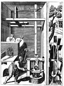 Forge with bellows driven by an undershot water wheel through cranks, 1673