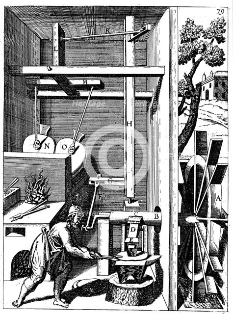 Forge with bellows driven by an undershot water wheel through cranks, 1673. Artist: Unknown
