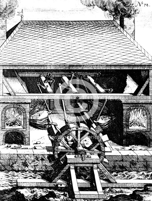 Forge with bellows driven by an undershot water wheel through cranks, 1673. Artist: Unknown