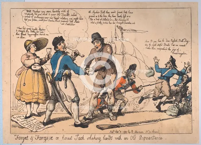 Forget & Forgive, or Honest Jack Shaking Hands with and Old Acquaintance , Se..., September 3, 1799. Creators: Thomas Rowlandson, Rudolph Ackermann.