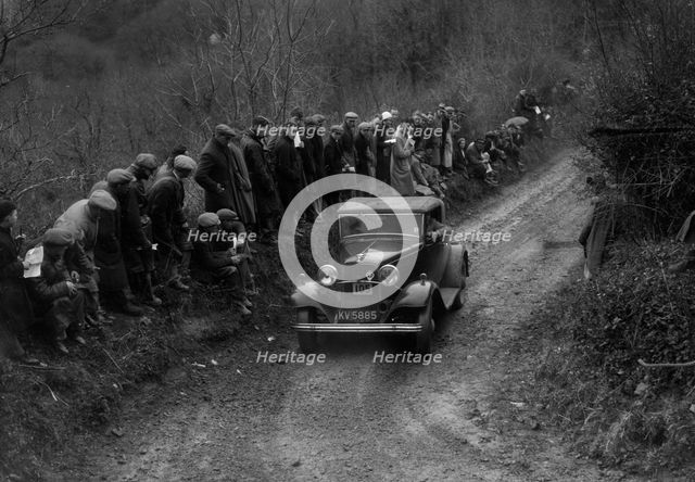 Ford V8 of DJC Palmer competing in the MCC Lands End Trial, 1935. Artist: Bill Brunell.