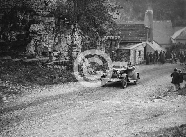 Ford Model A of FH Grain competing in the MCC Sporting Trial, Litton Slack, Derbyshire, 1930. Artist: Bill Brunell.