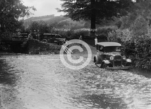 Ford Model A of JW Robbins fording the River Exe at Yealscombe, Devon, JCC Lynton Trial, 1932. Artist: Bill Brunell.