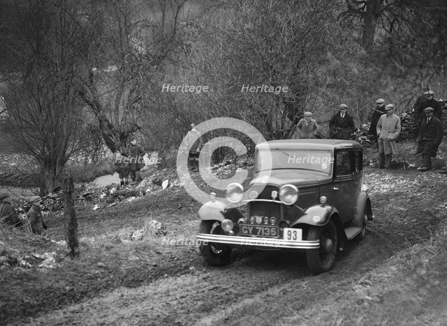 Ford Model B of K Hutchison competing in the Sunbac Colmore Trial, Gloucestershire, 1933. Artist: Bill Brunell.