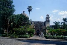 Forecourt of the Cathedral of Cuernavaca with the temple in background, its construction was orde…