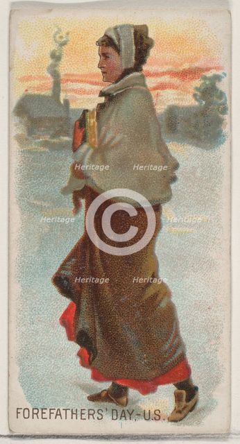 Forefathers' Day, United States, from the Holidays series (N80) for Duke brand cigarettes,..., 1890. Creator: George S. Harris & Sons.