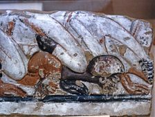 Foreign delegates fell at the feet of Akhenaten, detail of a painted stoneware