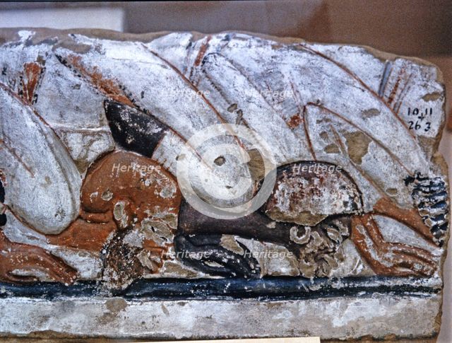 Foreign delegates fell at the feet of Akhenaten, detail of a painted stoneware.