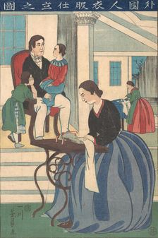 Foreign Family with Wife Making Clothes, 1860. Creator: Yoshikazu