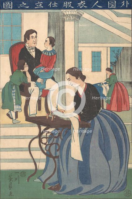 Foreign Family with Wife Making Clothes, 1860. Creator: Yoshikazu.
