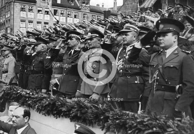 Foreign military attaches at the Nazi Party Congress, Nuremberg, Germany, 1936. Artist: Unknown