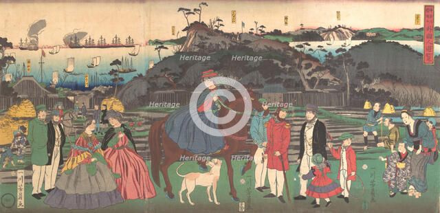 Foreigners Visiting the Famous Site of Mt. Gongen in Kanagawa, 2nd month, 1861. Creator: Yoshikazu.