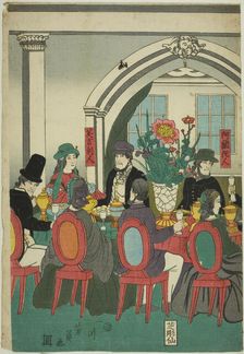 Foreigners from Five Nations at a Banquet (Gokakoku ijin shuen no zu), 1861. Creator: Yoshikazu