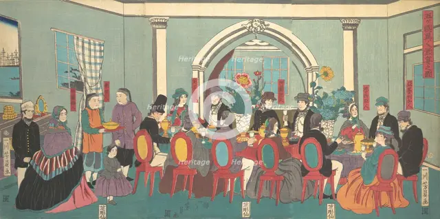 Foreigners from the Five Nations Enjoying a Banquet, 3rd month, 1861. Creator: Yoshikazu.