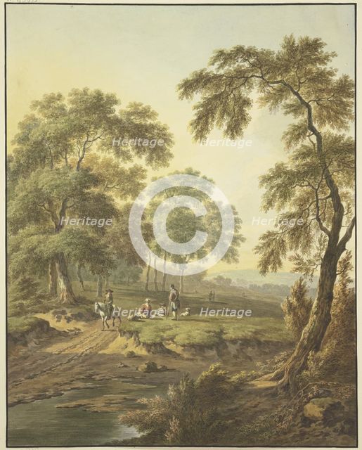 Forest meadow with water, a rider on a white horse on the path, along with some people resting... Creator: Abraham Teerlink.