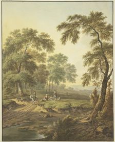 Forest meadow with water, a rider on a white horse on the path, along with some people resting... Creator: Abraham Teerlink