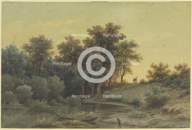 Forest edge with a river in the evening light, 19th century. Creator: Jakob Maurer.
