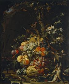 Forest floor still life with fruit, fish and a bird's nest, 1670. Creator: Abraham Mignon