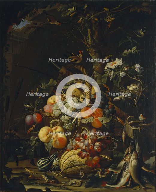 Forest floor still life with fruit, fish and a bird's nest, 1670. Creator: Abraham Mignon.