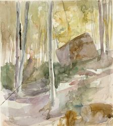 Forest interior, large stone, c1890s. Creator: Albert Edelfelt