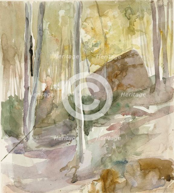 Forest interior, large stone, c1890s. Creator: Albert Edelfelt.