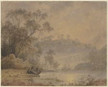 Forest lake, from whose shore a boat with three men is departing, 19th century. Creator: Johann Wilhelm Schirmer