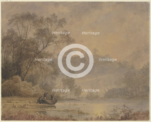 Forest lake, from whose shore a boat with three men is departing, 19th century. Creator: Johann Wilhelm Schirmer.