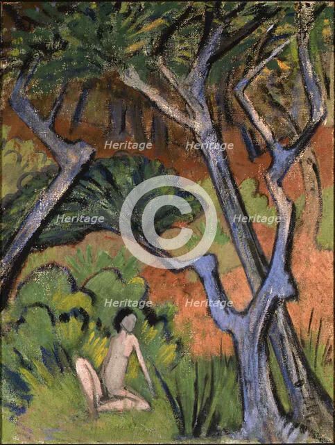 Forest landscape with nude, 1924. Creator: Mueller, Otto (1874-1930).