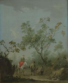 Forest landscape with a lady on horseback, a falconer and a huntsman