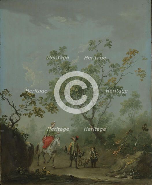 Forest landscape with a lady on horseback, a falconer and a huntsman.