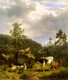 Forest Landscape with a Shepherd Boy and Cattle, 1856. Creator: Nils Andersson