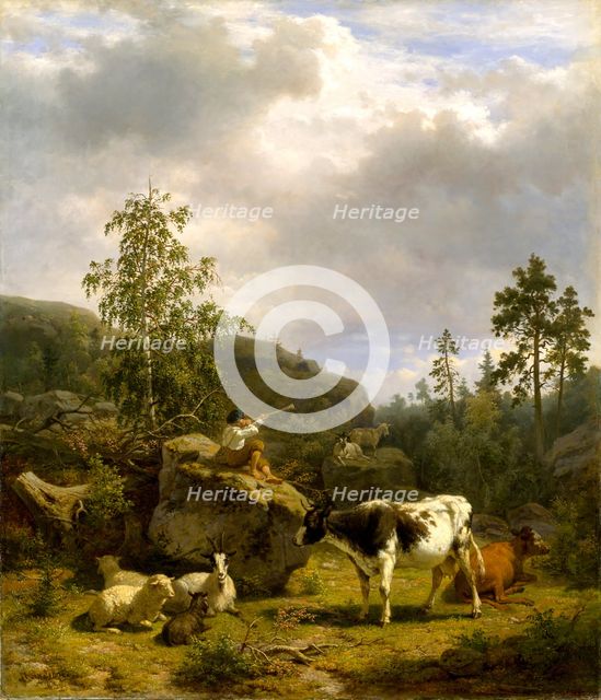 Forest Landscape with a Shepherd Boy and Cattle, 1856. Creator: Nils Andersson.