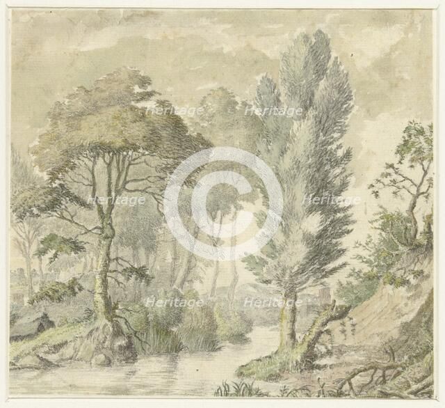 Forest landscape with a stream, and a hill on the right, 1677-1755. Creator: Elias van Nijmegen.