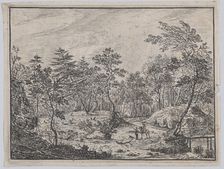 Forest landscape with a rider conversing with a man at center, a footbridge at right, 1716. Creator: Peter von Bemmel