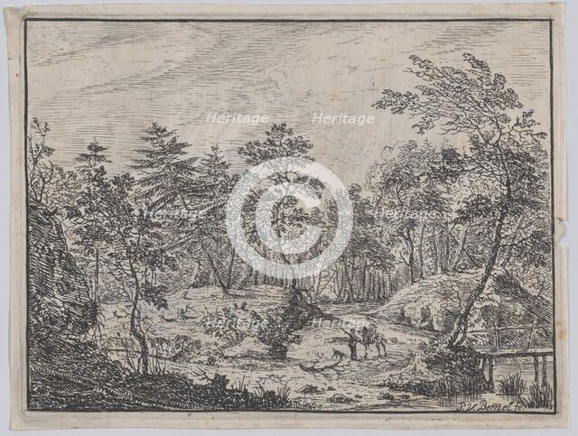 Forest landscape with a rider conversing with a man at center, a footbridge at right, 1716. Creator: Peter von Bemmel.