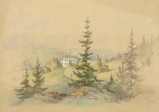 Forest landscape with farmhouse and lake with sailing boat in the distance, 1870-1892. Creator: Lars Theodor Billing