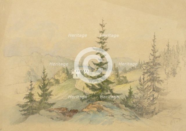 Forest landscape with farmhouse and lake with sailing boat in the distance, 1870-1892. Creator: Lars Theodor Billing.
