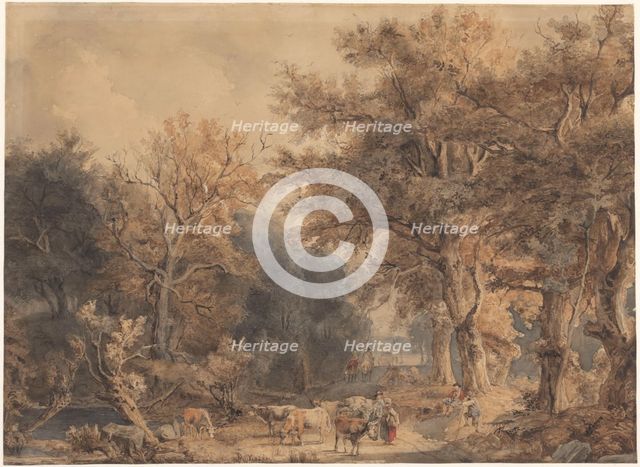 Forest landscape with figures and cattle, c.1847-c.1899. Creator: Jacob Henricus Maris.