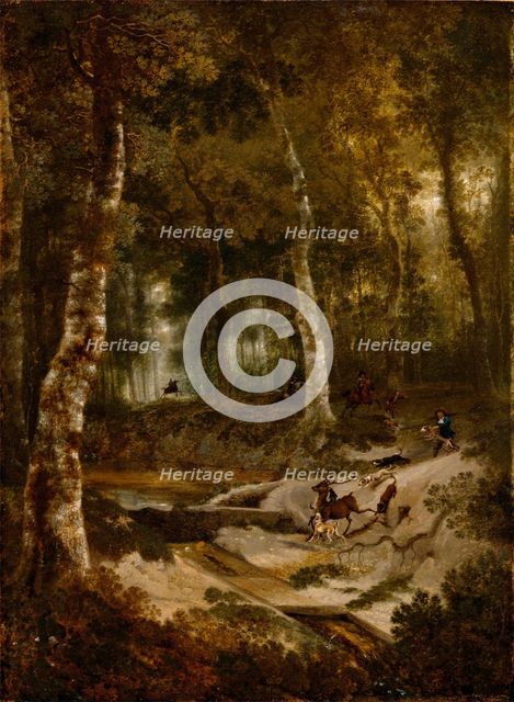 Forest Landscape with Stag Hunt, c.between 1665 and 1670. Creator: Jan Hackaert.