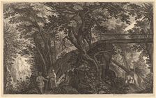 Forest Landscape with Two Men and a Woman Resting near a Bridge. Creator: Aegidius Sadeler II