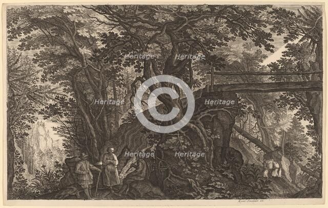 Forest Landscape with Two Men and a Woman Resting near a Bridge. Creator: Aegidius Sadeler II.