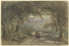 Forest path with a view of a village, c1840-1900. Creator: Anton Burger