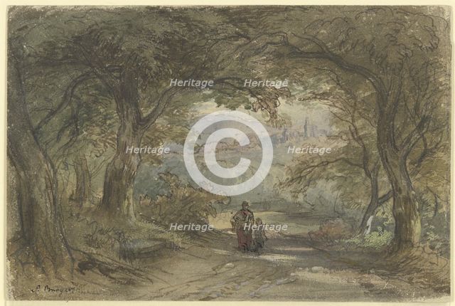 Forest path with a view of a village, c1840-1900. Creator: Anton Burger.