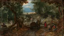 Forest road next to a fordable pond with travelers, c1607. Creator: Jan Brueghel the Elder