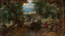 Forest road next to a fordable pond with travelers, c1607. Creator: Jan Brueghel the Elder