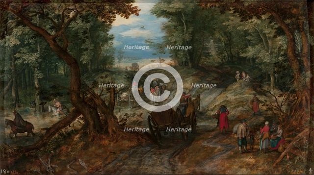 Forest road next to a fordable pond with travelers, c1607. Creator: Jan Brueghel the Elder.