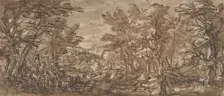 Forest Scene, a Halt at the Left, a Hunt at the Center, 1612-66. Creator: Attributed to Pier Francesco Mola (