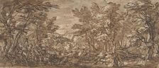 Forest Scene, a Halt at the Left, a Hunt at the Center, 1612-66. Creator: Attributed to Pier Francesco Mola (