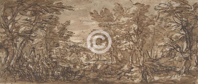Forest Scene, a Halt at the Left, a Hunt at the Center, 1612-66. Creator: Attributed to Pier Francesco Mola (.
