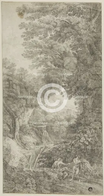 Forest Scene with Waterfall and Two Figures, n.d. Creator: Johann Samuel Bach.